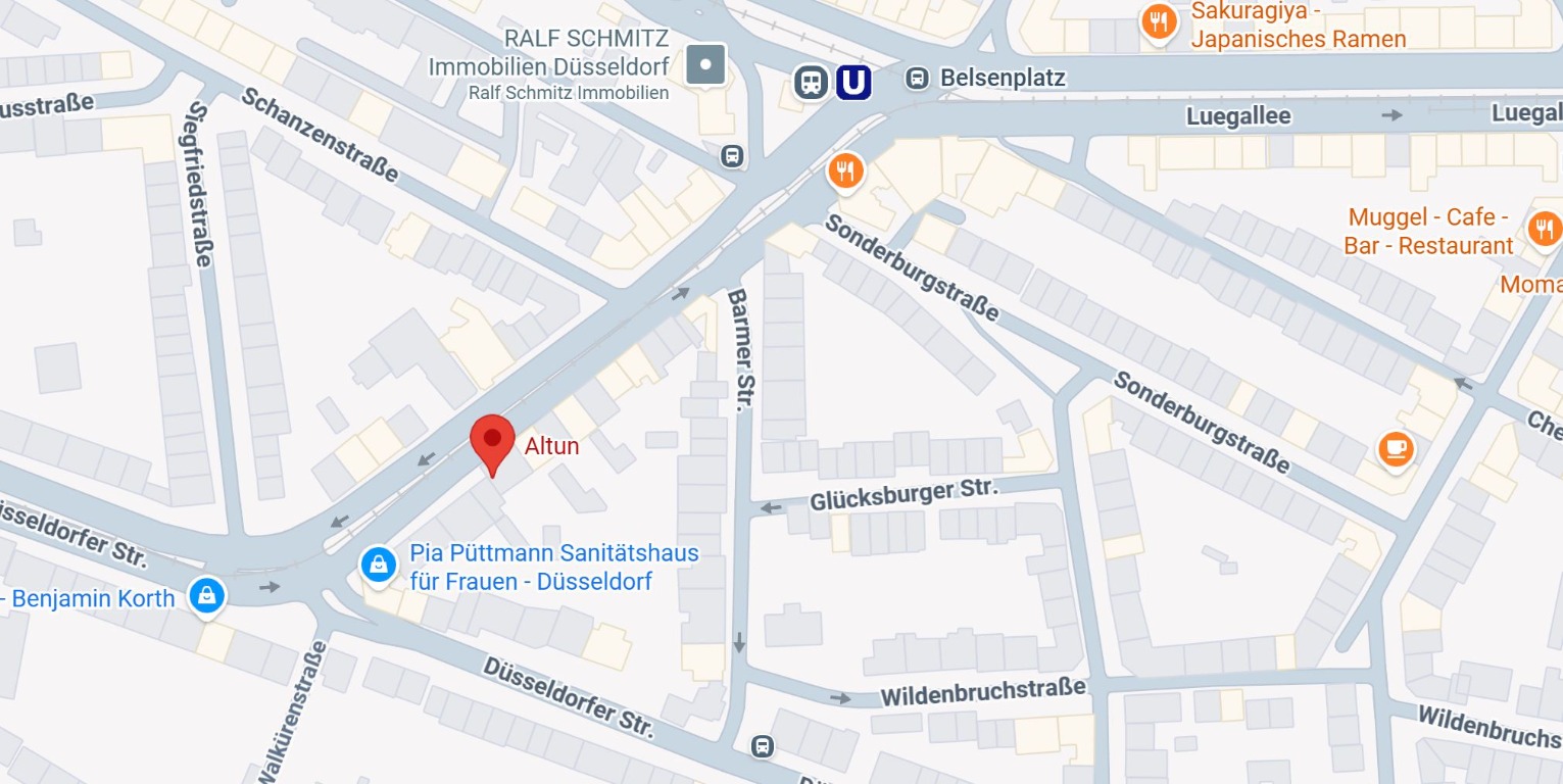 OpenStreetMap-Kartenausschnitt mit der markierten Schneiderei Altun in Düsseldorf-Oberkassel